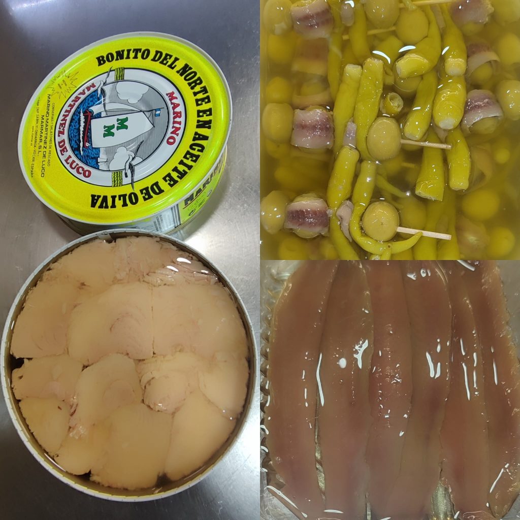 Collage de bonito del norte, gildas y anchoas del catálogo de Olives Benet